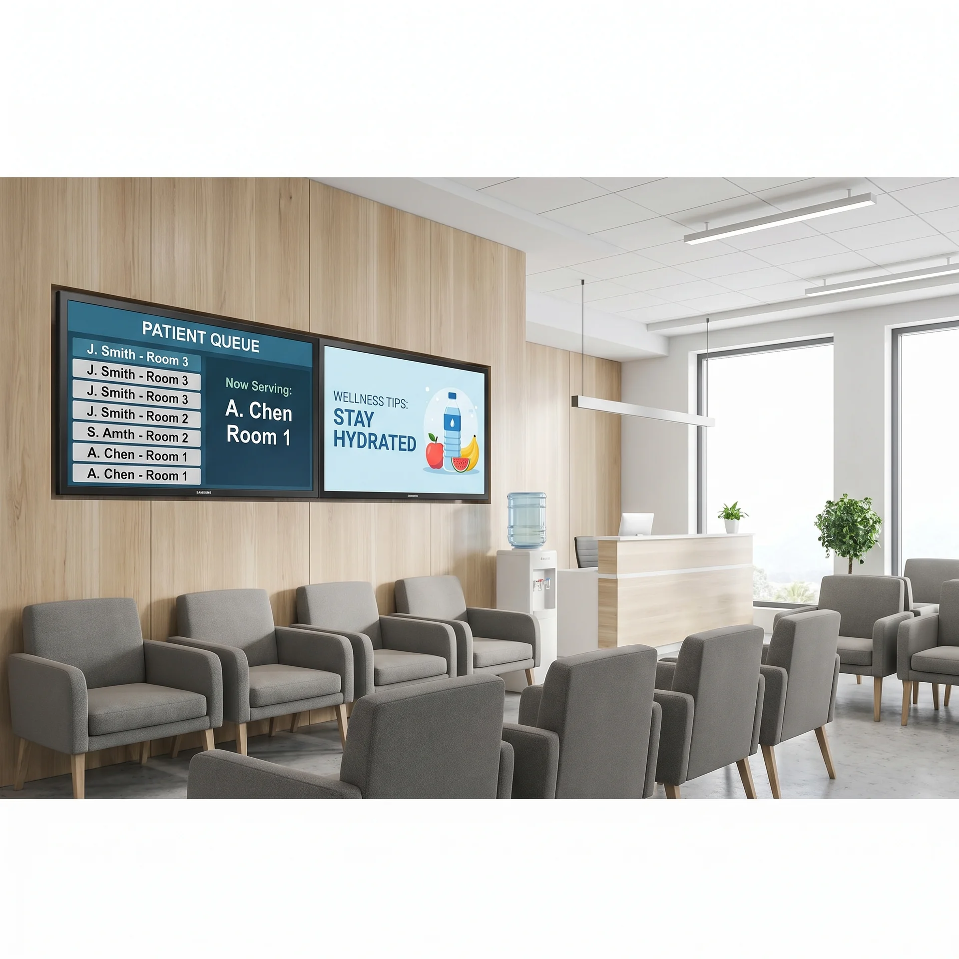 Healthcare waiting room with patient-queue and wellness-tip displays — calmer rotations on patient-facing screens.