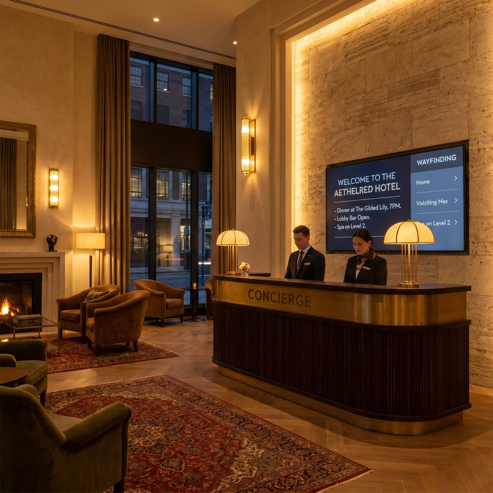Hotel concierge desk with welcome and wayfinding screens — hotel lobby digital signage running across the program.