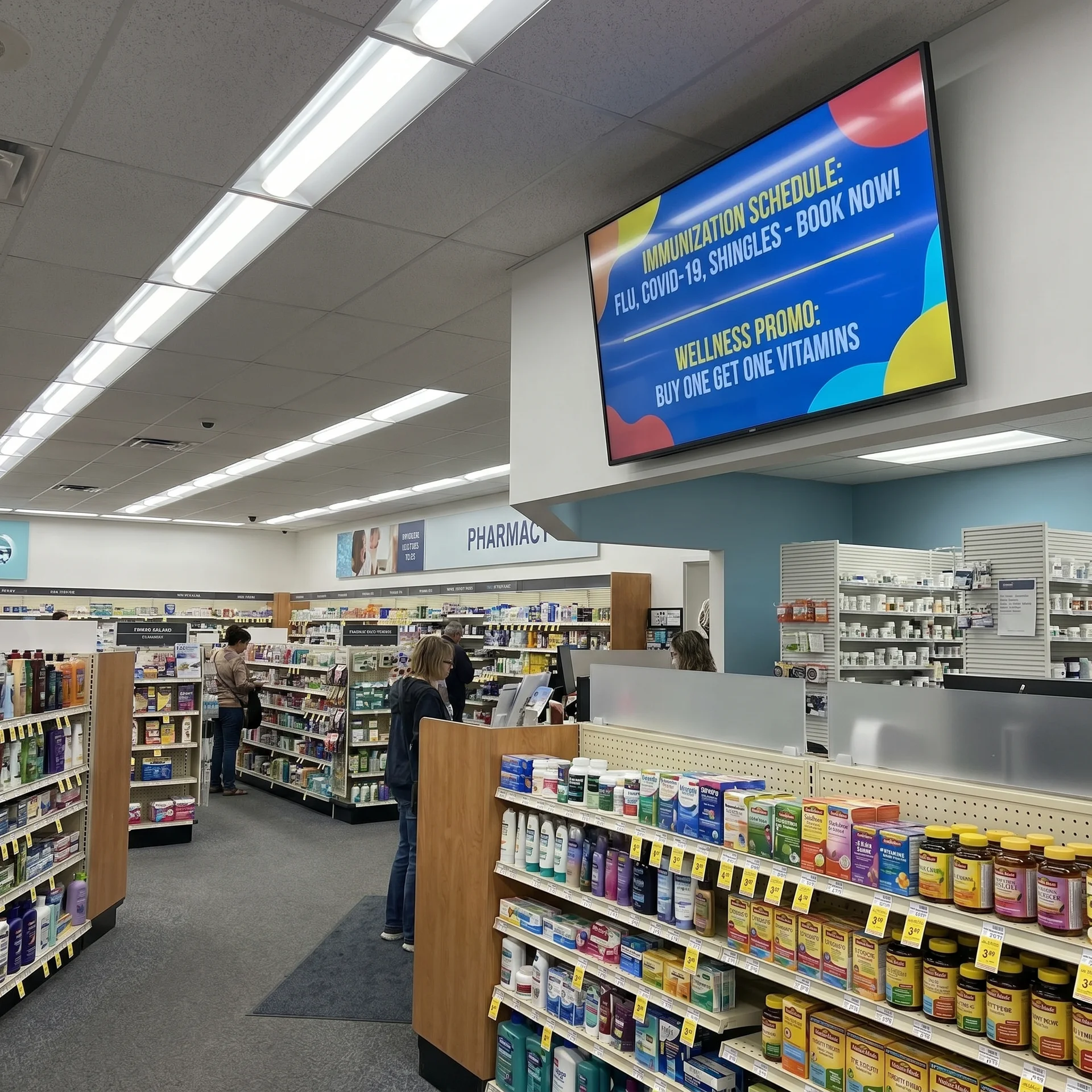 Pharmacy retail floor with overhead immunization-schedule and wellness-promo displays installed by CrownTV.