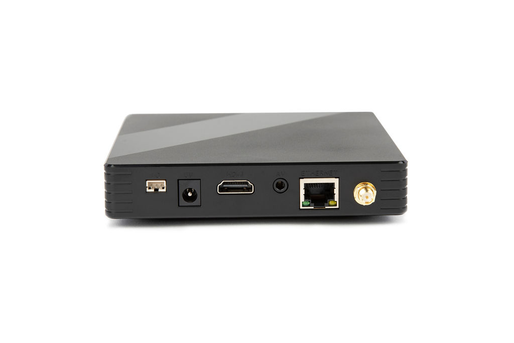 Rear of the CrownTV NEO player showing power, HDMI, and Ethernet connections