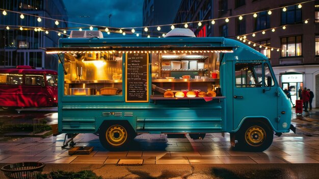 Blue Food Truck at Night Market with String Lights A blue food truck parked at a night market