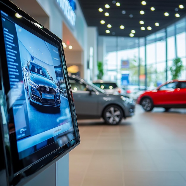 A car dealership with an interactive digital display of vehicle features and specifications