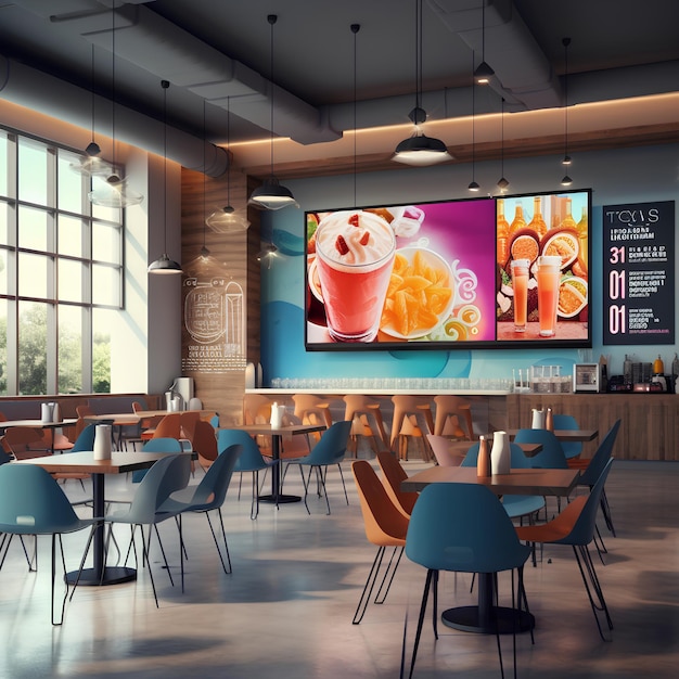 A cafeteria interior design view exposes branding large