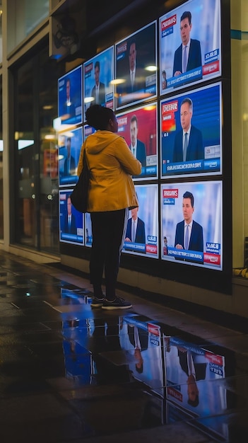 Vertical Screen African Woman in a Yellow Jacket Stops to Watch Multiple News Channels on a Storef