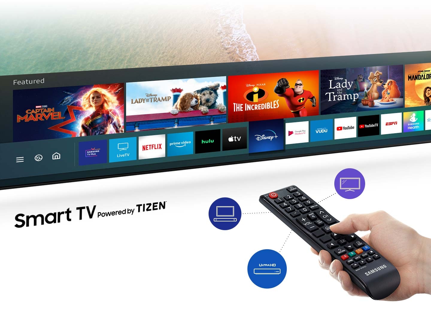 Samsung Smart TV is powered by Tizen OS, an operating system developed by Samsung and Intel. A TV remote with bubble images of icons is pointing at the TV, which is showing a list of TV apps arranged at the bottom of the display.