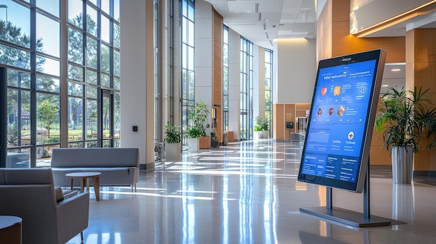 Modern hospital lobby with interactive kiosk and sunlit interiors