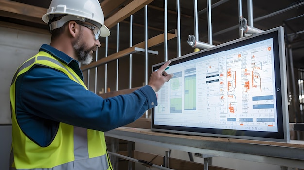 a construction project manager updating the progress chart on a digital device